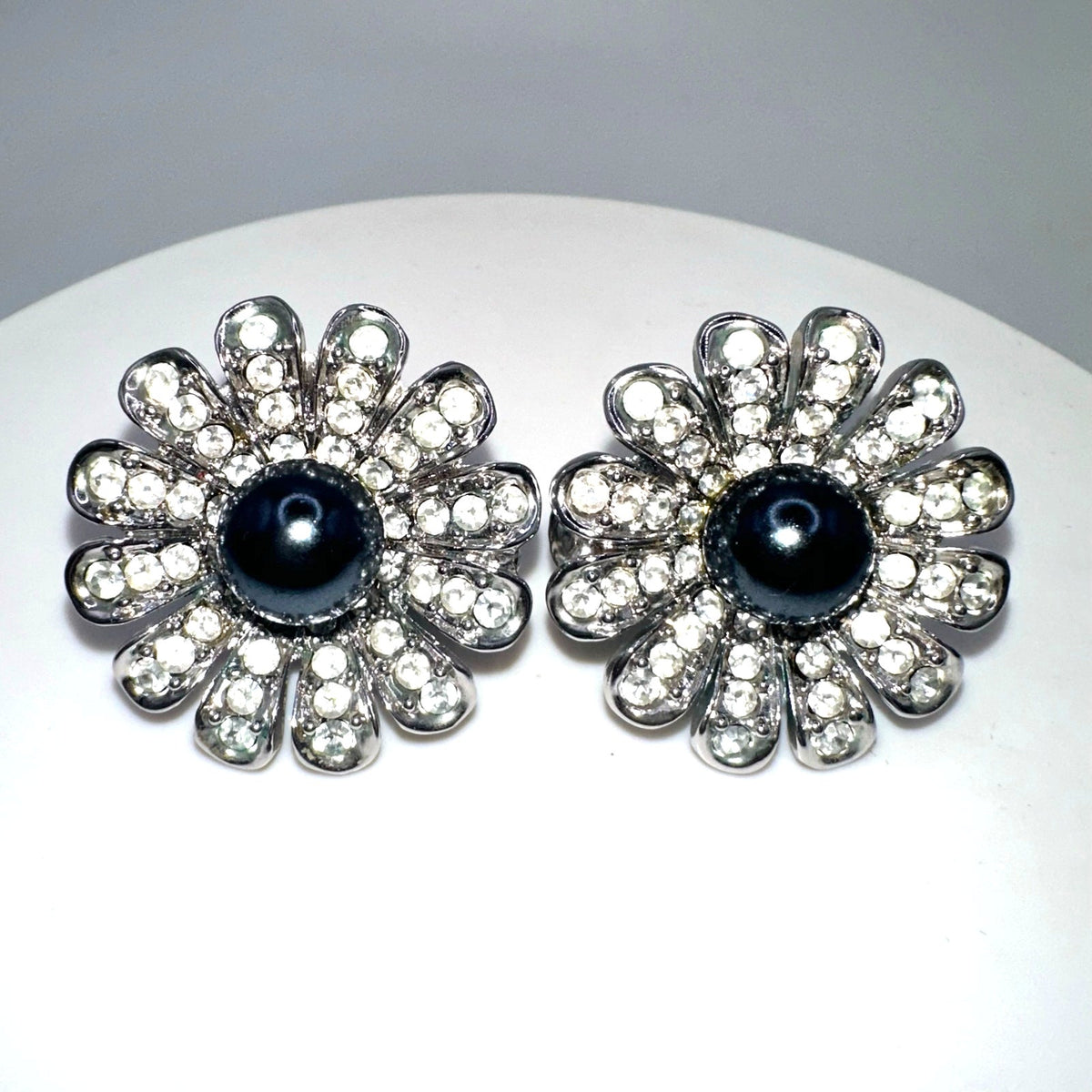 St. John vintage silver tone rhinestones faux black pearl clip on earrings