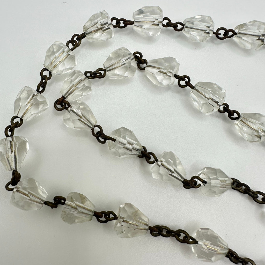 Vintage brass steel faceted clear glass beads beaded Catholic rosary necklace