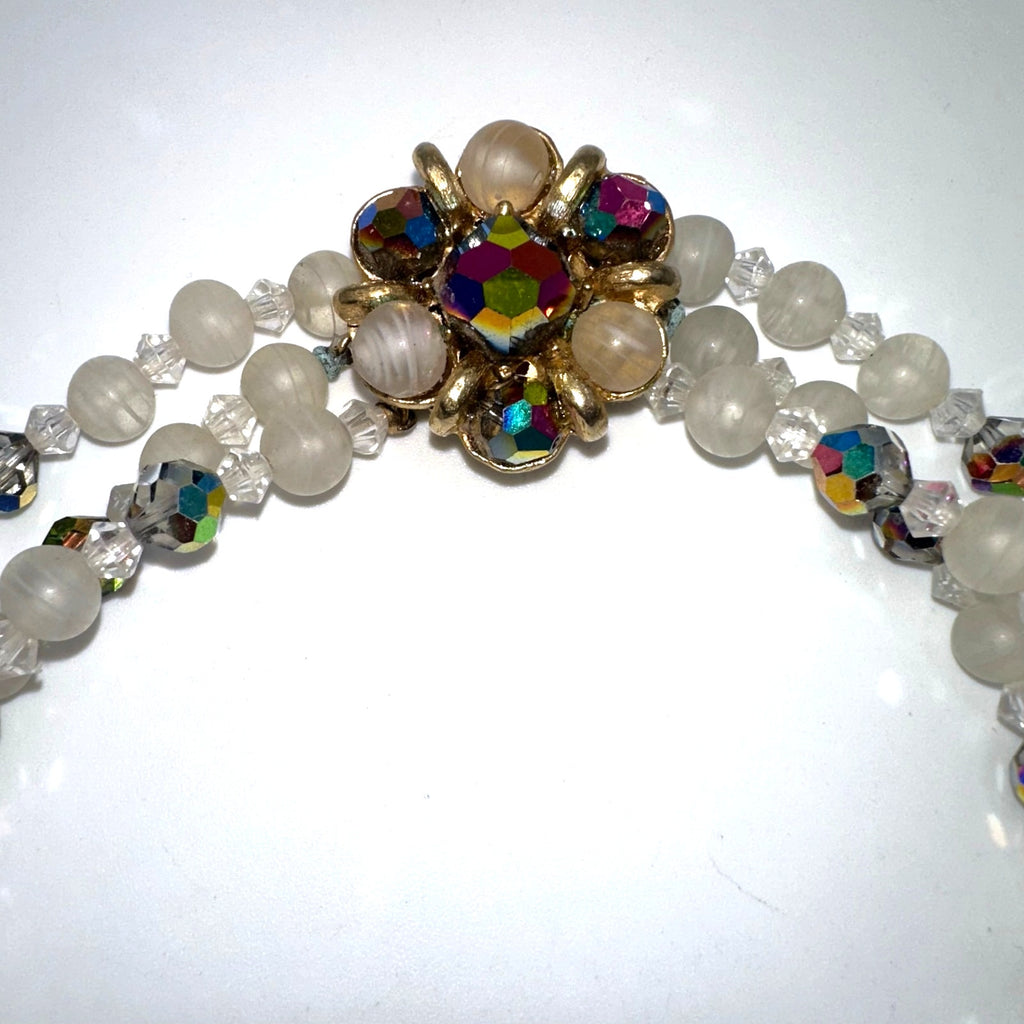 Vintage 3 strand watermelon AB aurora borealis white art glass beaded necklace