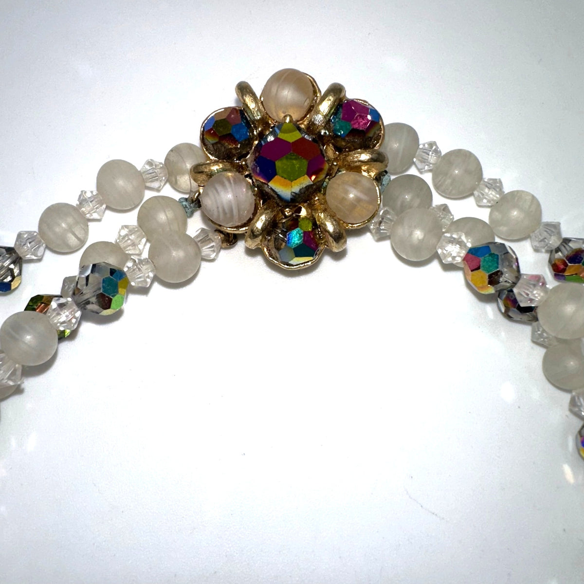 Vintage 3 strand watermelon AB aurora borealis white art glass beaded necklace