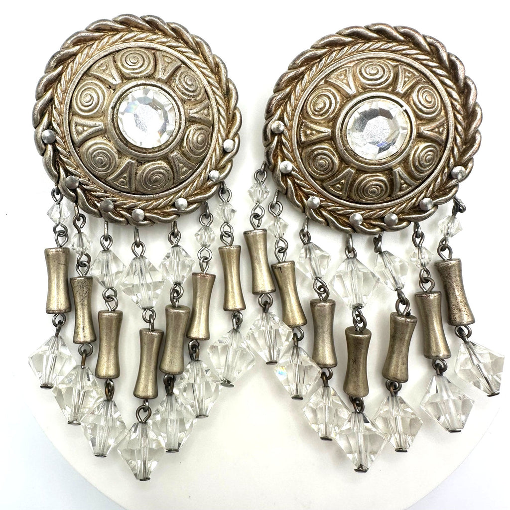 Vintage champagne gold tone clear beaded crystal drops dangle clip on earrings