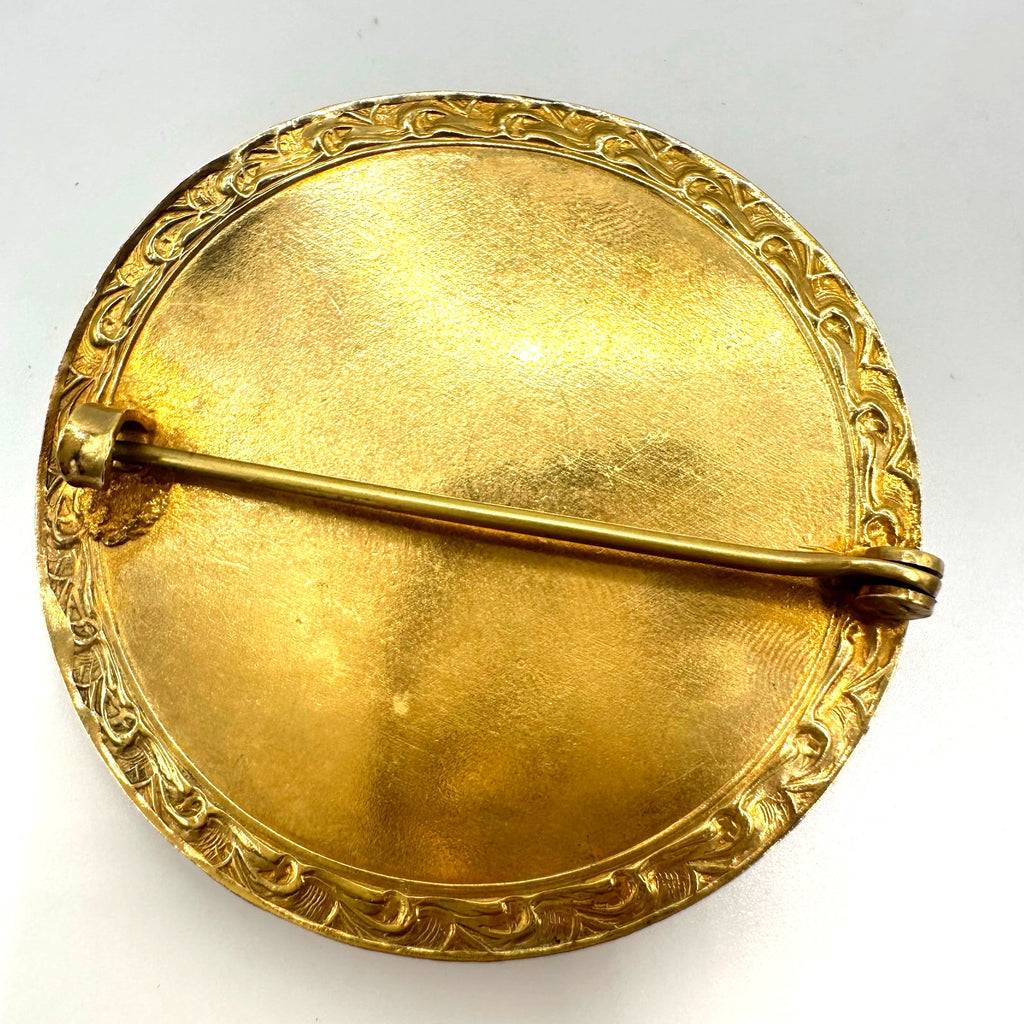 Antique 1900s Arts & Crafts gold gilt rose cut red paste glass sash pin brooch
