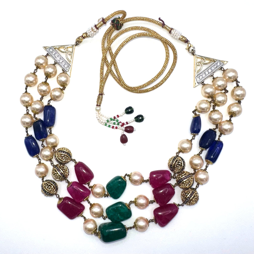 Indian vintage 3 strand semiprecious agate glass pearls beaded necklace