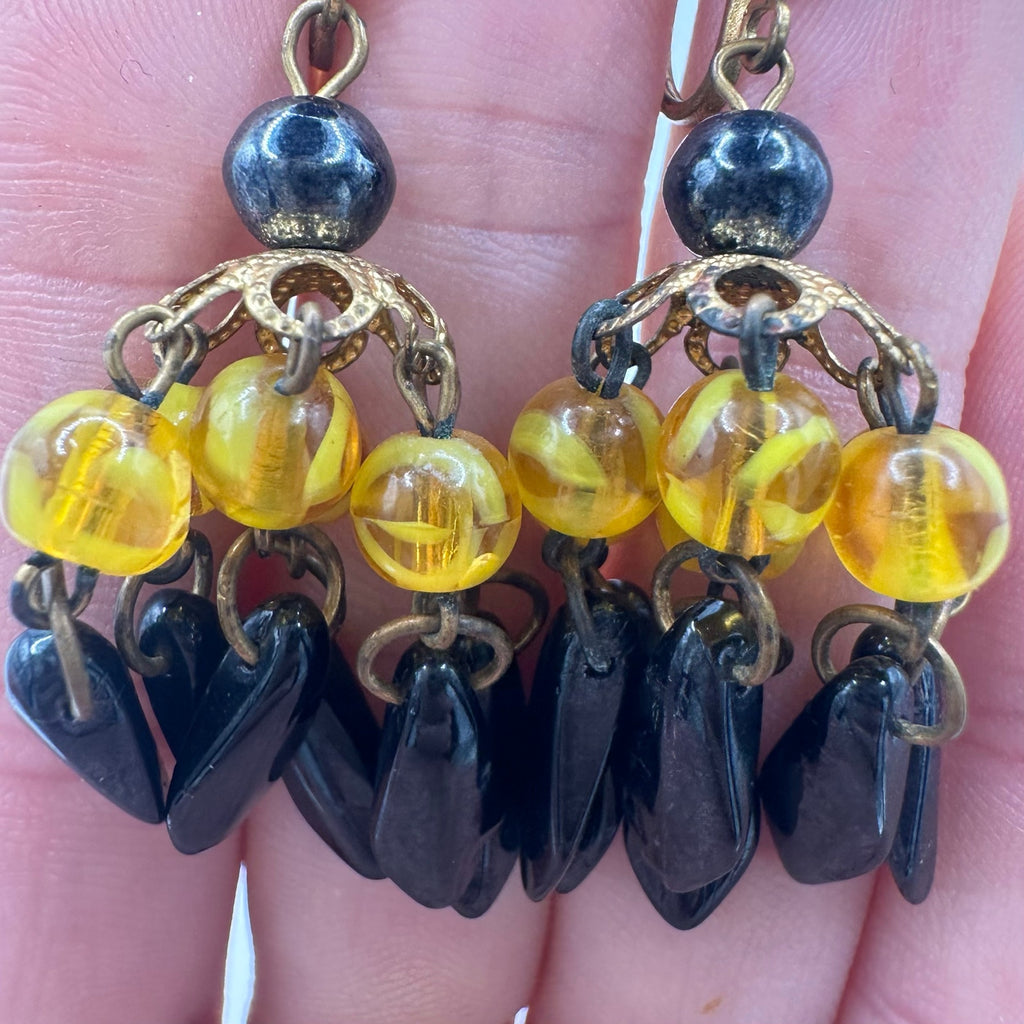 West Germany vintage gold yellow black glass beaded dangle screw back earrings