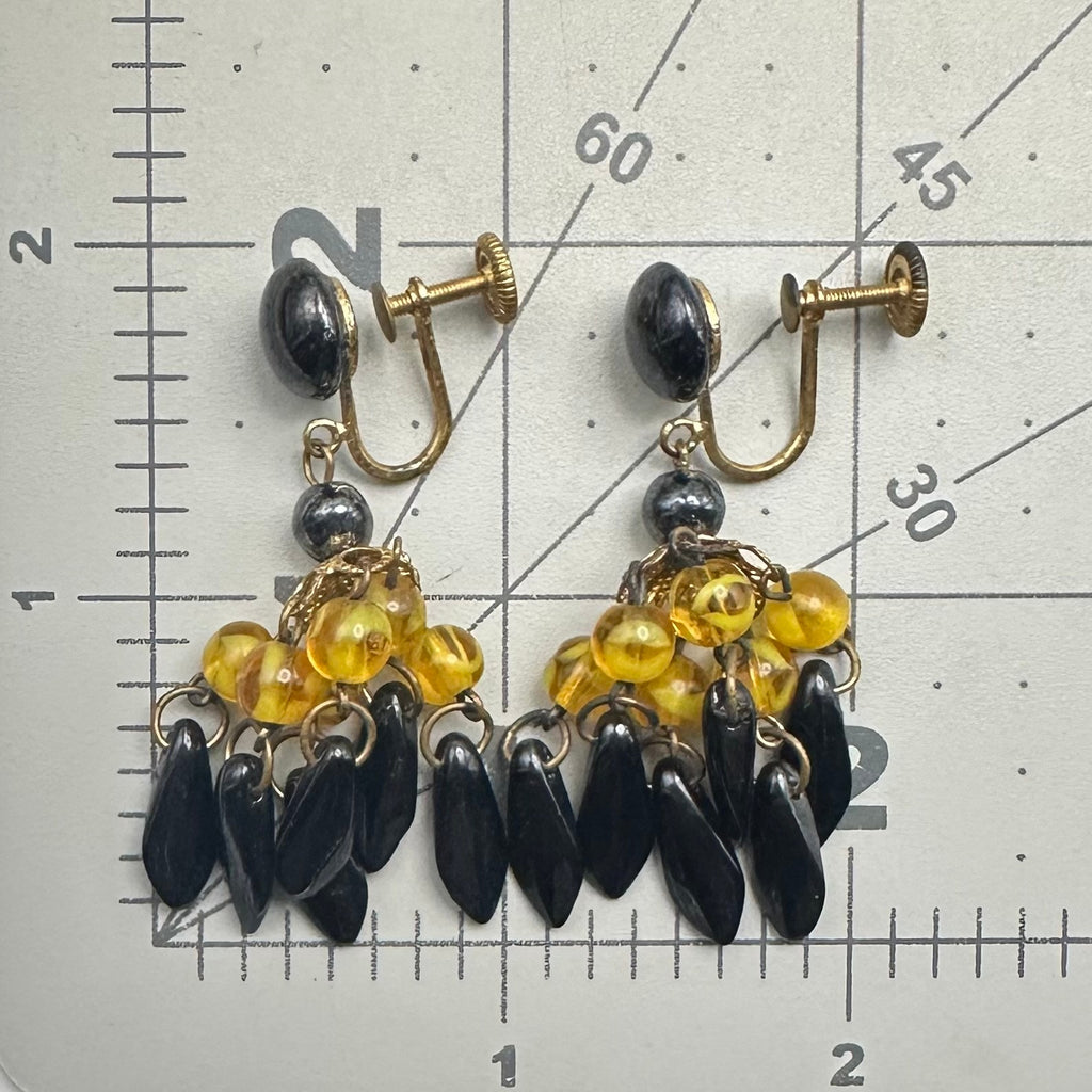 West Germany vintage gold yellow black glass beaded dangle screw back earrings