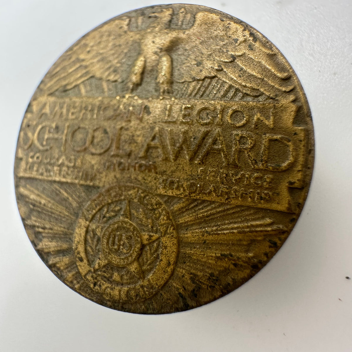 Antique Art Deco 1920s brass American Legion School award button single cufflink