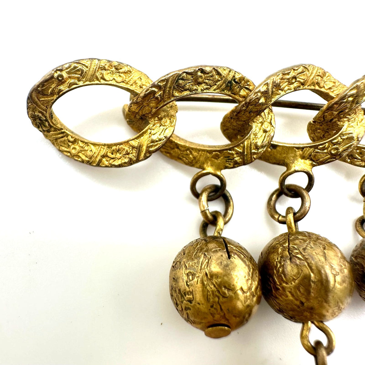 Antique Art Deco gold tone brass dangling ball charms chain bar pin brooch