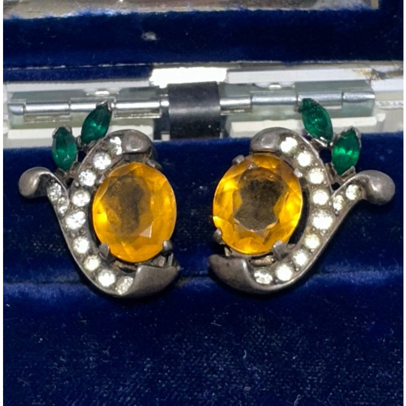 Joseph Mazer vintage sterling silver topaz emerald rhinestones clip on earrings