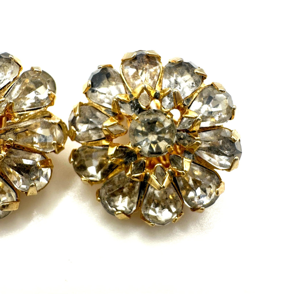 Vintage gold plated clear glass rhinestones round floral clip on earrings