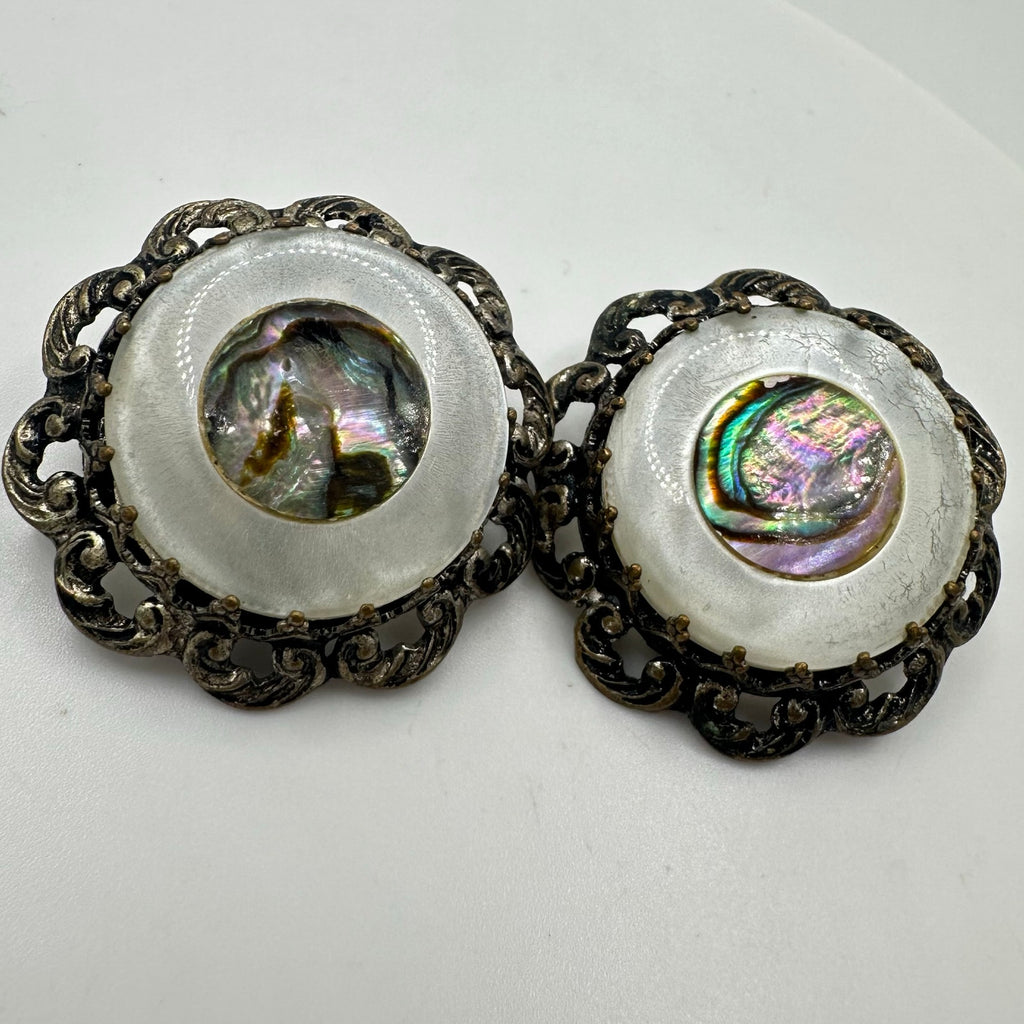 Made in Austria vintage mother of pearl abalone silver tone clip on earrings