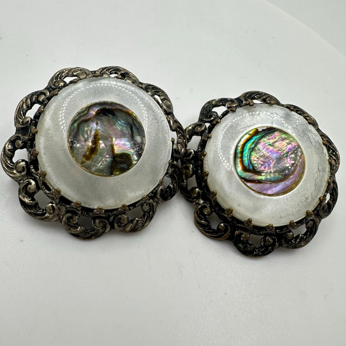 Made in Austria vintage mother of pearl abalone silver tone clip on earrings