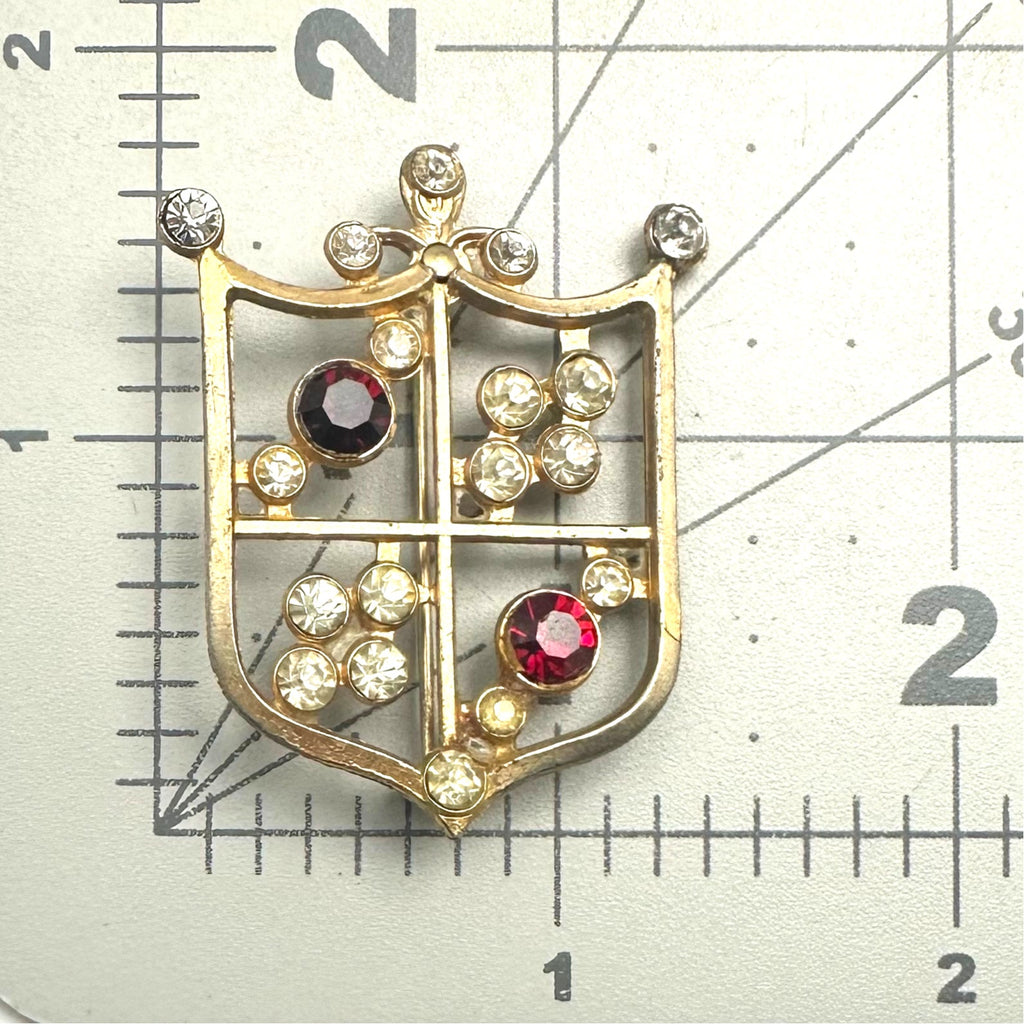 Vintage gold tone red clear rhinestone Heraldic shield crest coat of arms brooch