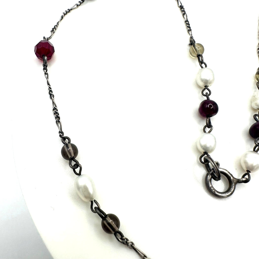 Vintage 925 sterling silver real pearls garnets quartz beaded chain 19" necklace