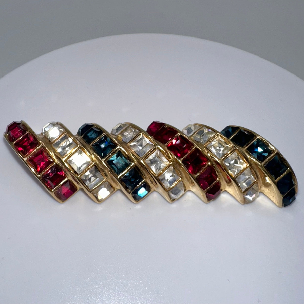 Ben-Amun vintage gold tone red blue clear square rhinestones half circles brooch