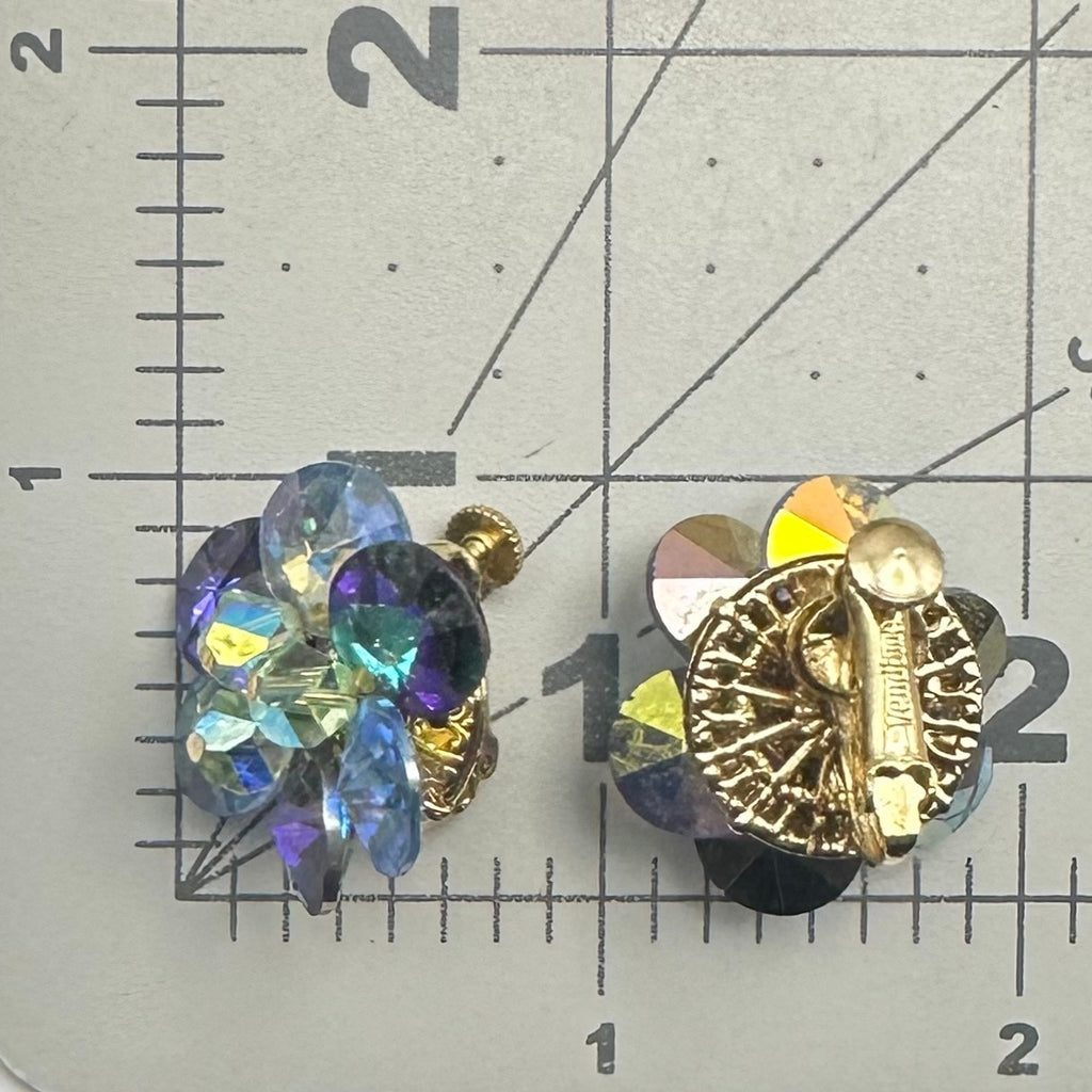 Vendome gold tone AB rivolis green glass beads beaded cluster clip on earrings