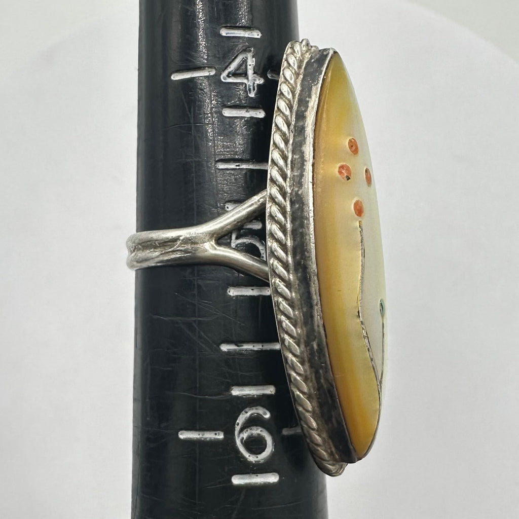 Zuni Native American sterling silver mother of pearl coral turquoise inlay ring