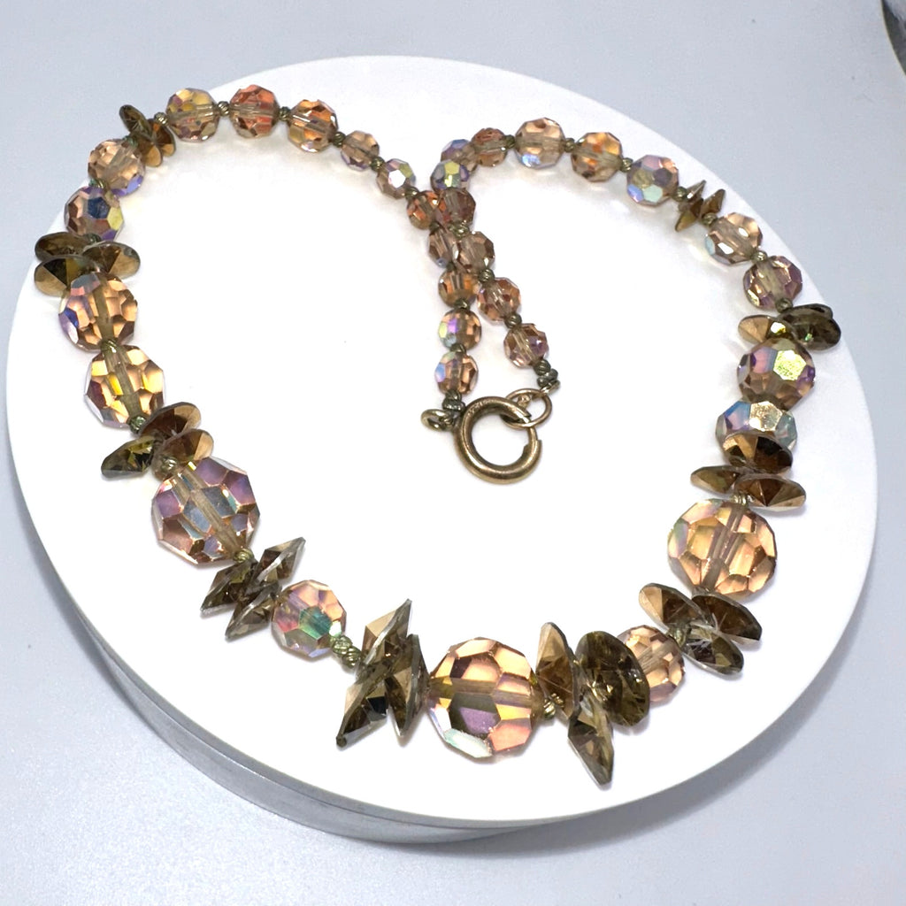 Vintage light topaz faceted glass aurora borealis AB beaded 15.5” necklace