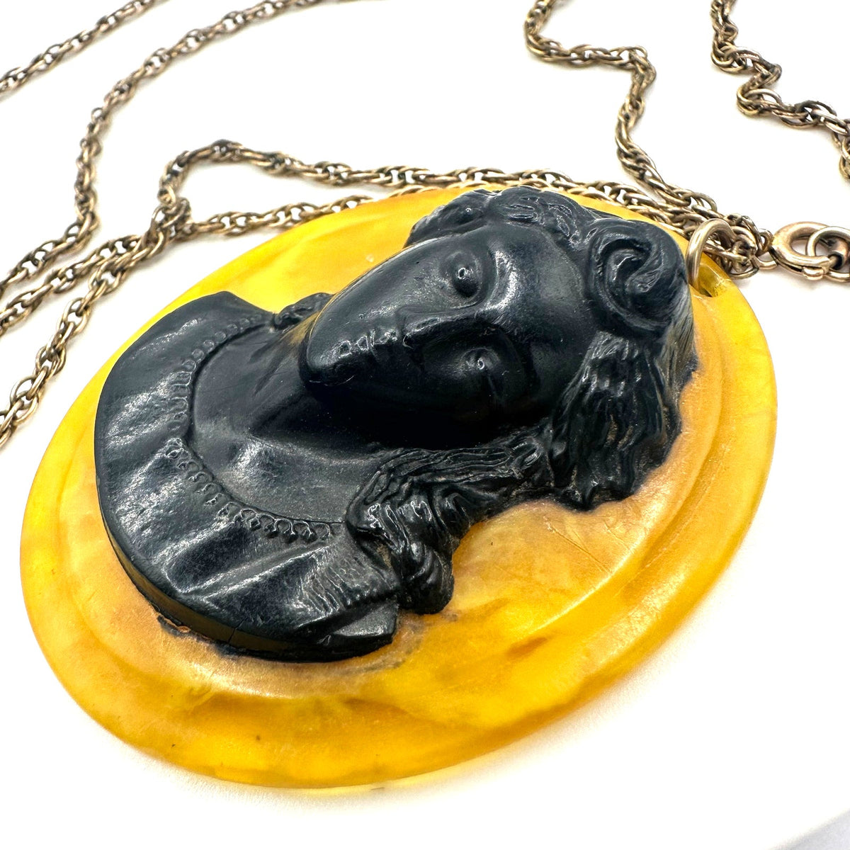 Antique Art Deco 1920s butterscotch celluloid cameo gold filled 25” necklace