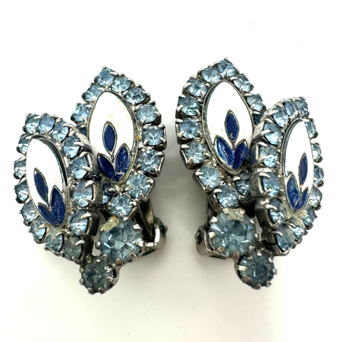 Weiss signed vintage silver tone blue rhinestones white enamel clip on earrings