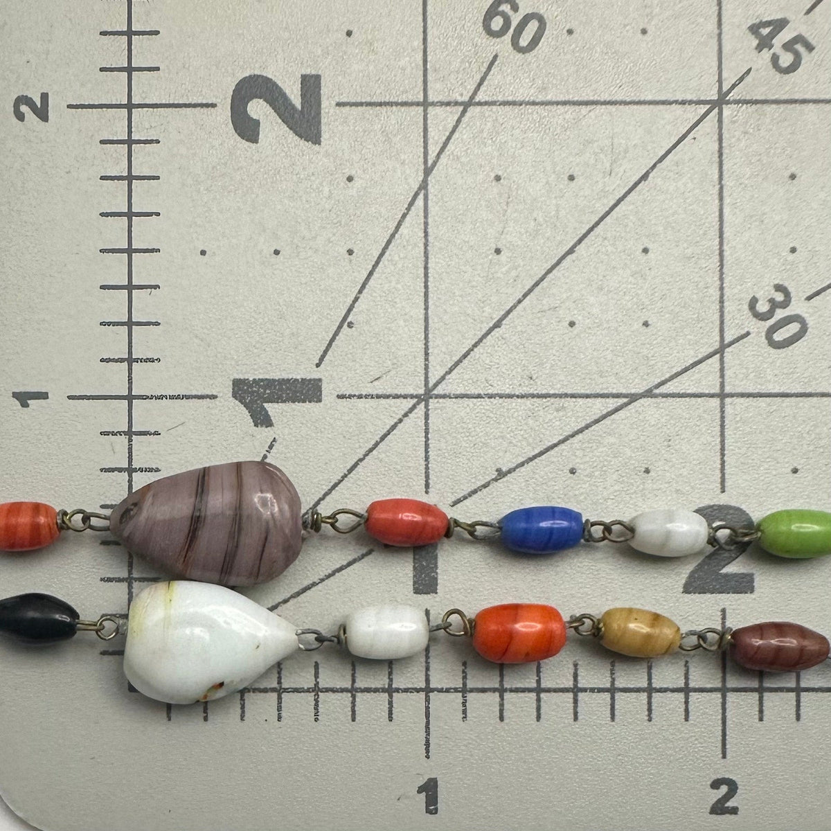 Antique Art Deco Czech art glass multicolor beads beaded brass 50" necklace