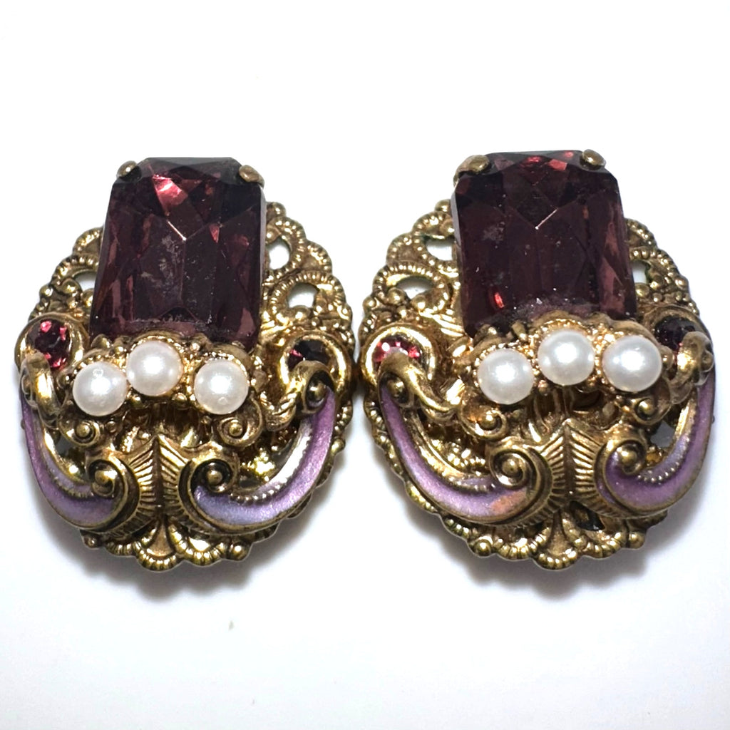 West Germany vintage gold tone filigree purple rhinestones clip on earrings