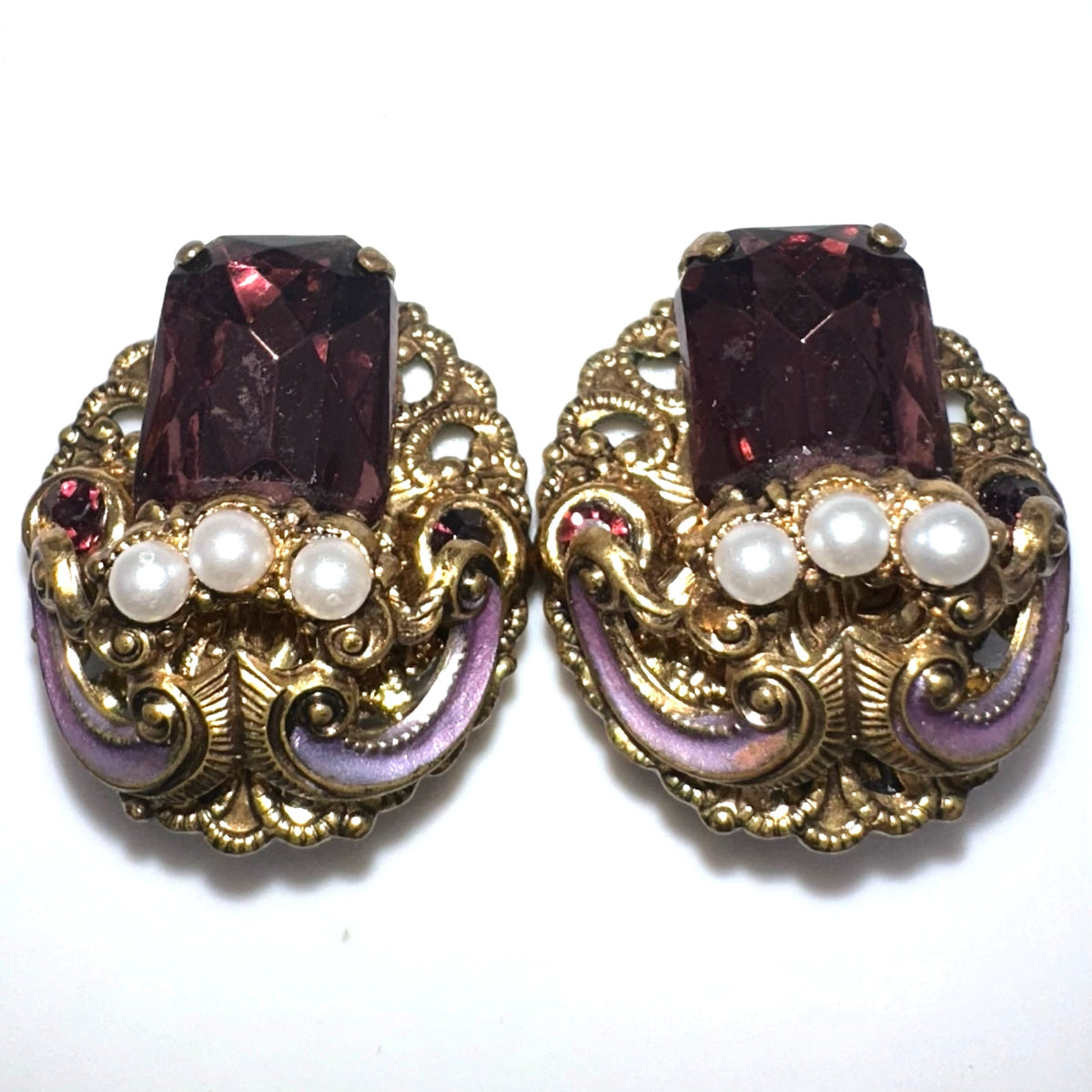 West Germany vintage gold tone filigree purple rhinestones clip on earrings
