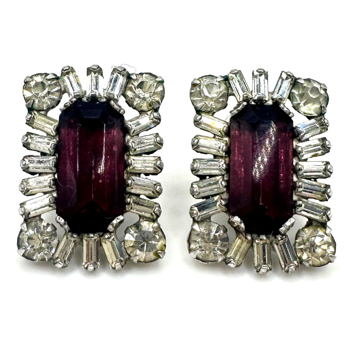 1940s vintage sterling silver purple clear glass rhinestones screw back earrings