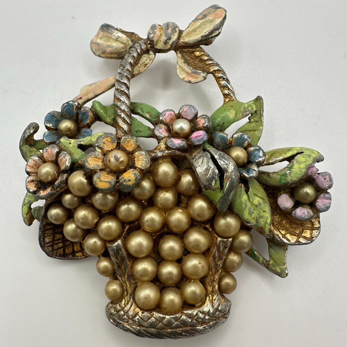 Vintage 1940s silver tone faux pearls multicolor flowers floral basket brooch