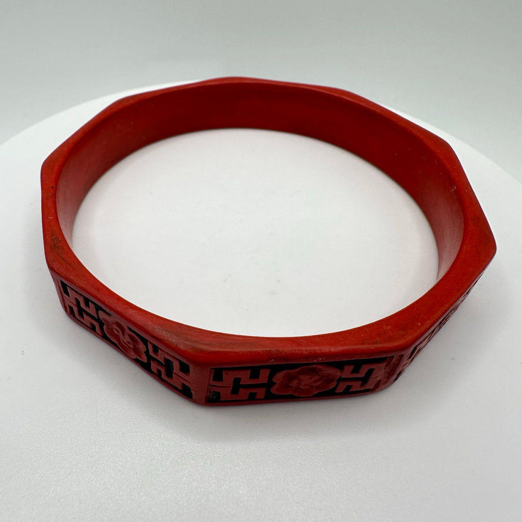 Vintage red Cinnabar Chinese octagonal carved floral black bangle bracelet