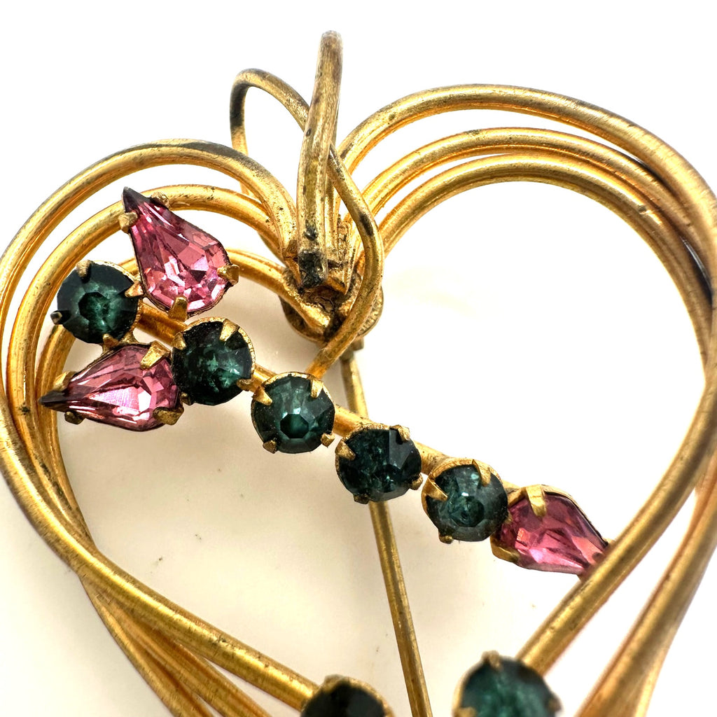 1940s 1950s vintage gold tone pink blue rhinestones heart brooch pin pendant
