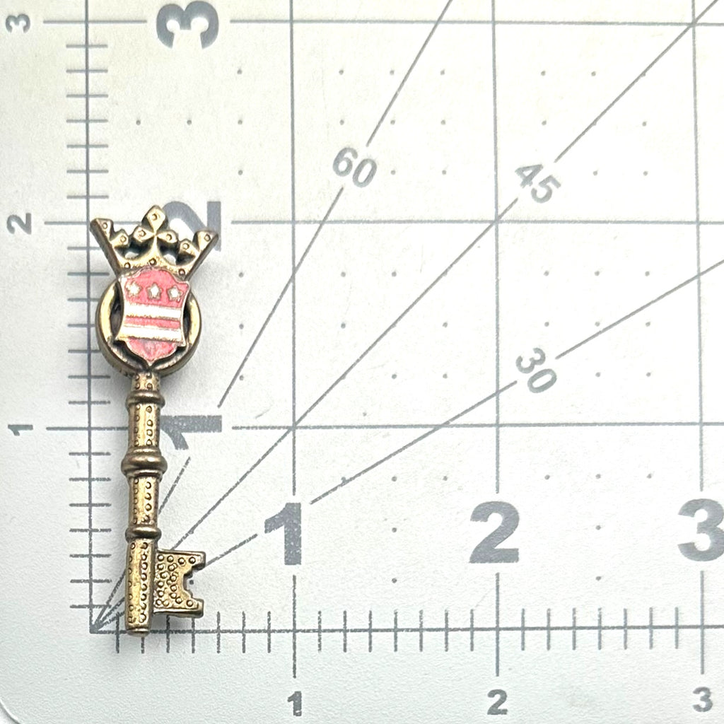 Vintage gold tone Heraldic red white enamel crest shield crown key stars brooch