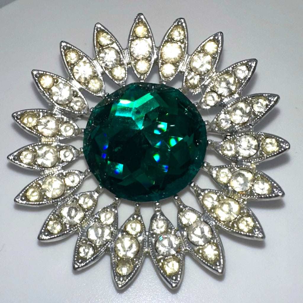 Sarah Coventry 1964 vintage silver tone green clear rhinestones Kathleen brooch