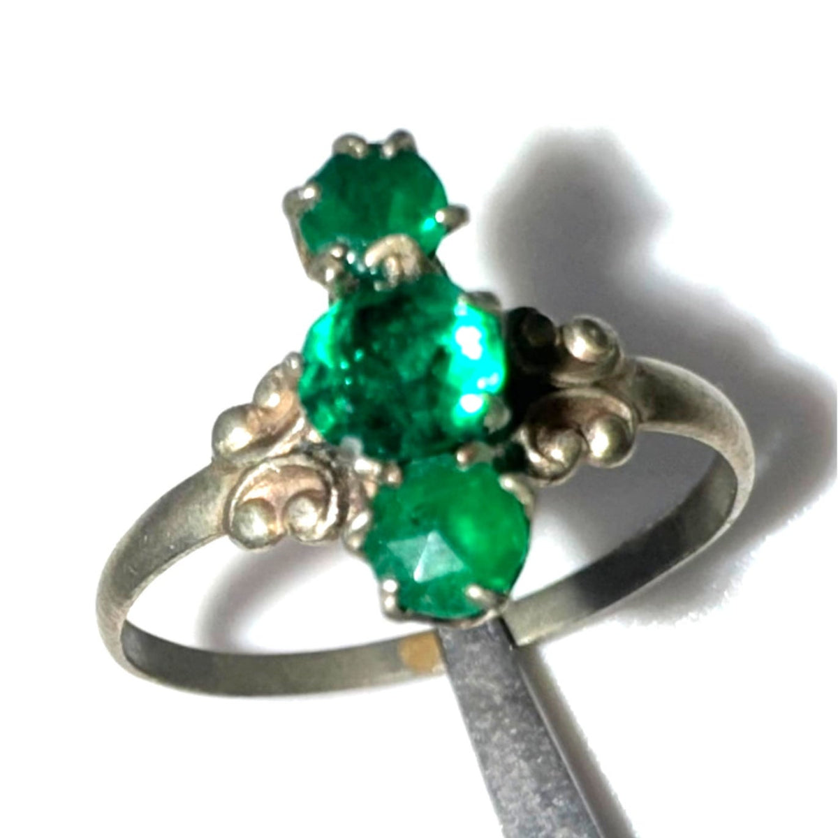 Antique Art Deco 1920s silver tone green Czech glass rhinestones ring 6.5