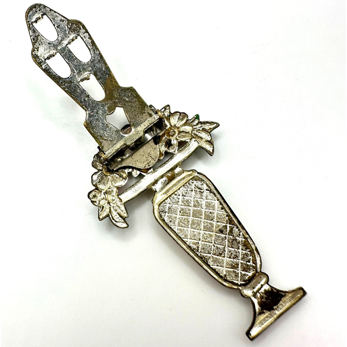 1940s vintage silver tone enamel flowers mother of pearl vase dress clip
