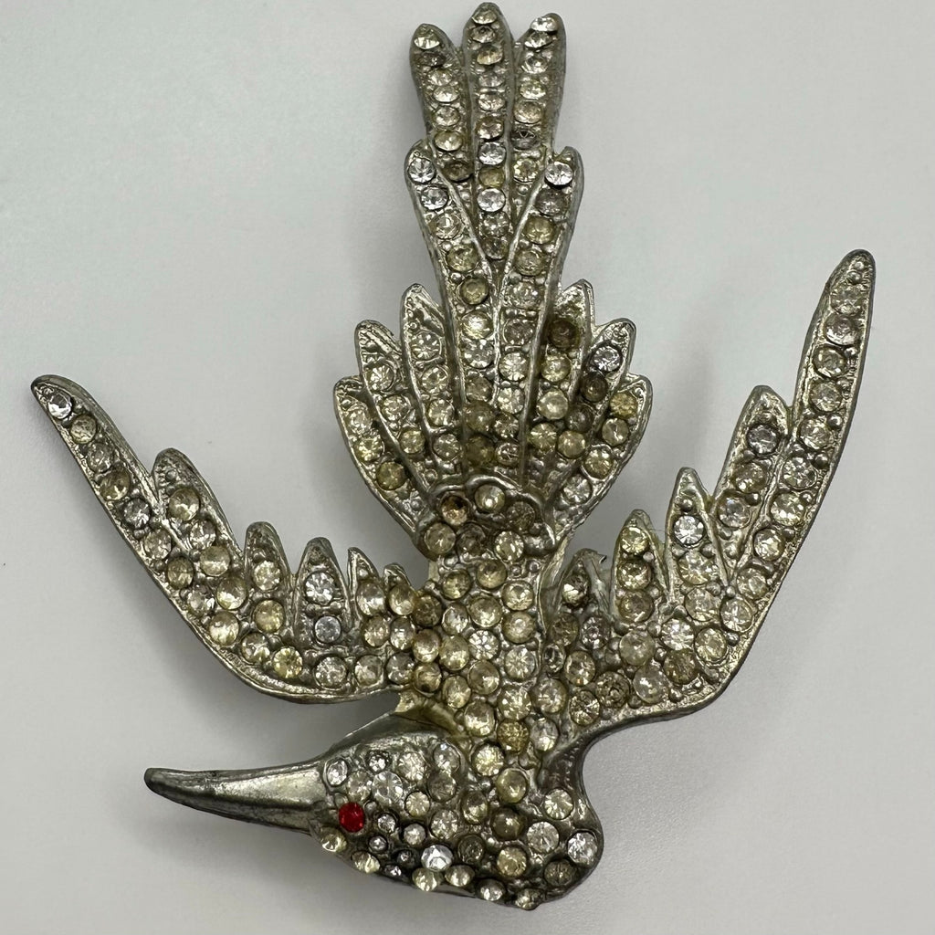 Antique Art Deco 1930s silver pot metal clear red rhinestones bird brooch