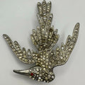 Antique Art Deco 1930s silver pot metal clear red rhinestones bird brooch