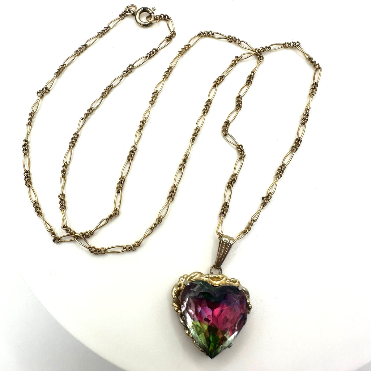 Vintage iris glass heart pendant on Atlas 12kt gold filled 18” chain necklace
