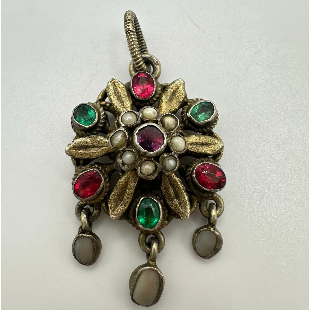 Antique 1800s Austro-Hungarian 800 silver gold gilt natural gemstones pendant