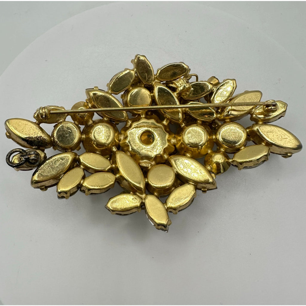 Unsigned 1950s vintage large gold tone blue clear givre glass rhinestones brooch