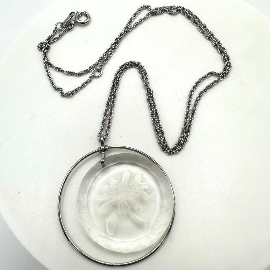 Hallmark vintage silver tone reverse cut crystal flower intaglio cameo necklace
