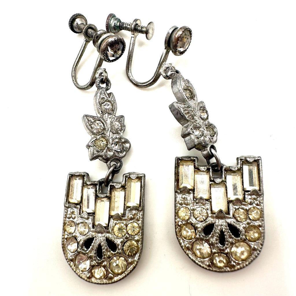 Antique Art Deco silver tone Czech glass rhinestones drop screw back earrings