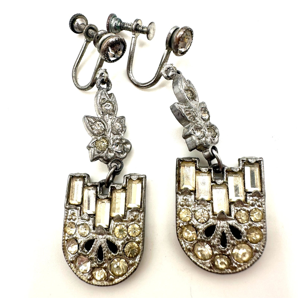 Antique Art Deco silver tone Czech glass rhinestones drop screw back earrings