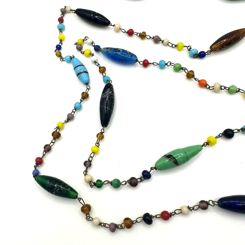 Antique Art Deco Czech art glass multicolor beads beaded brass 51" necklace