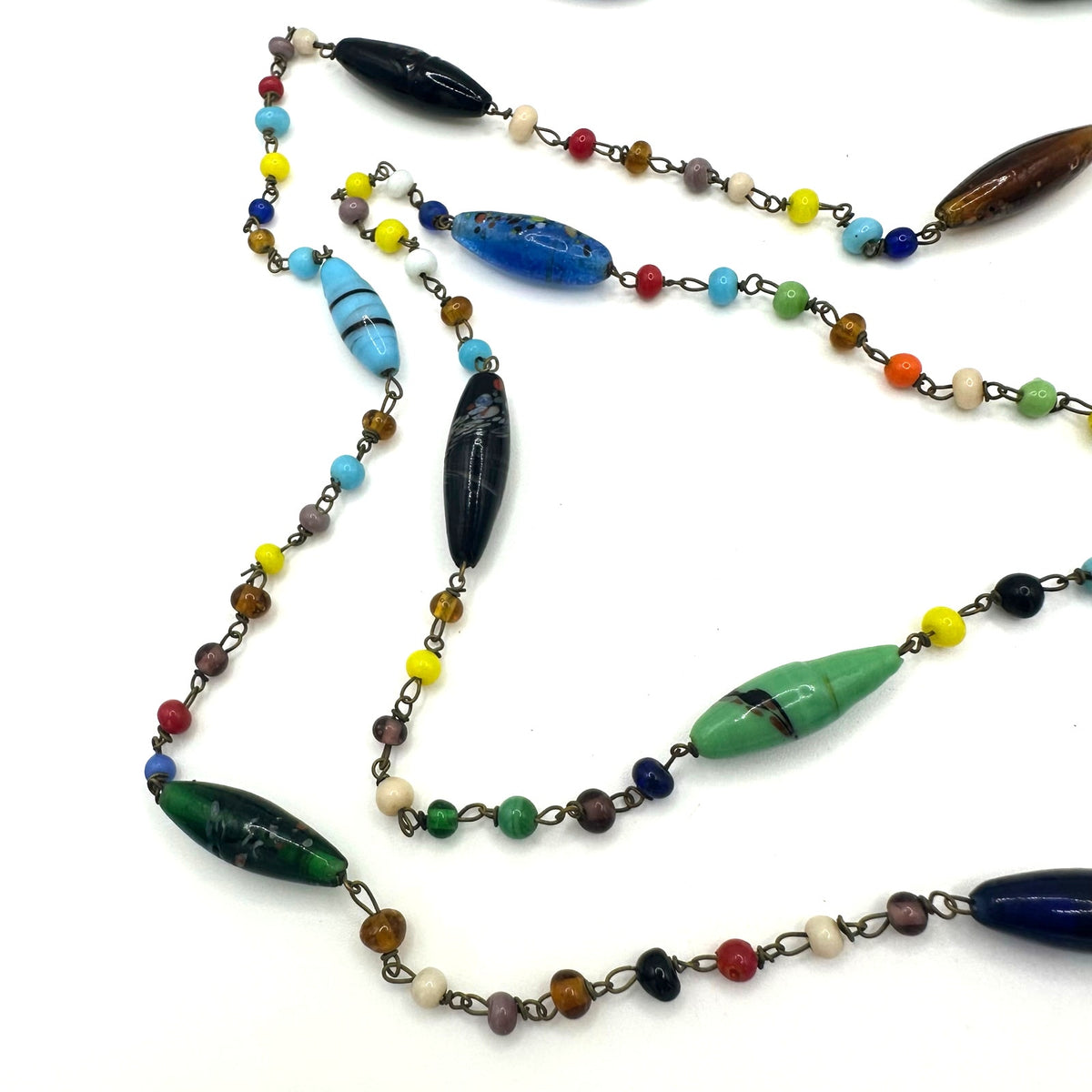Antique Art Deco Czech art glass multicolor beads beaded brass 51" necklace