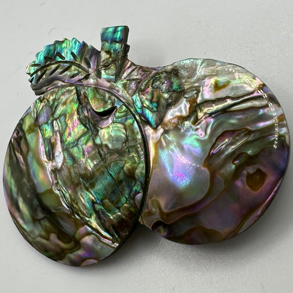 Handmade carved fruits iridescent rainbow abalone mother of pearl brooch pin