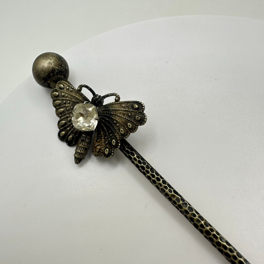 Antique Victorian silver tone textured butterfly clear paste gemstone stick pin