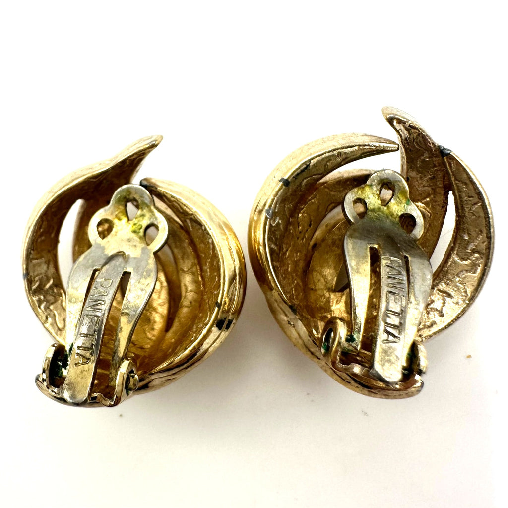 Panetta signed vintage signed gold tone domed abstract leaf clip on earrings