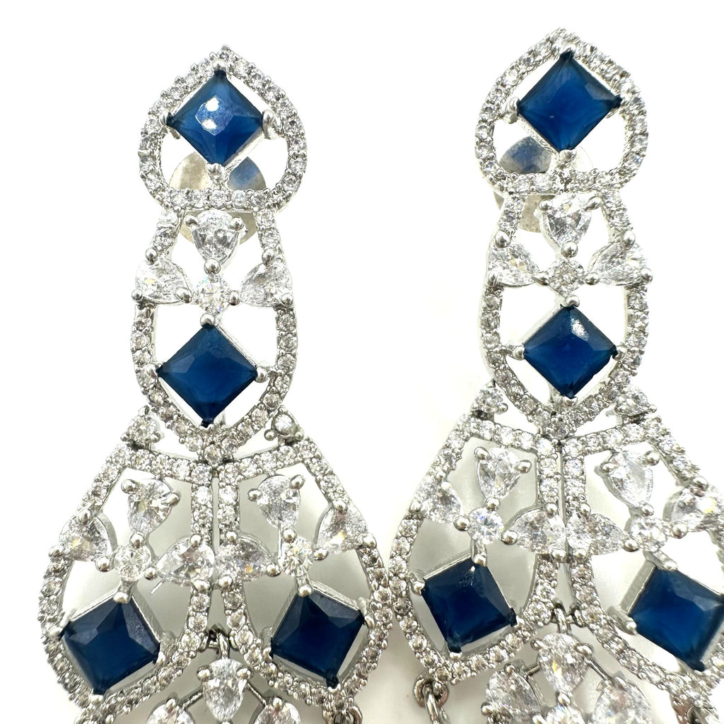 Silver tone blue faux sapphire clear cubic zirconia CZ drop post earrings