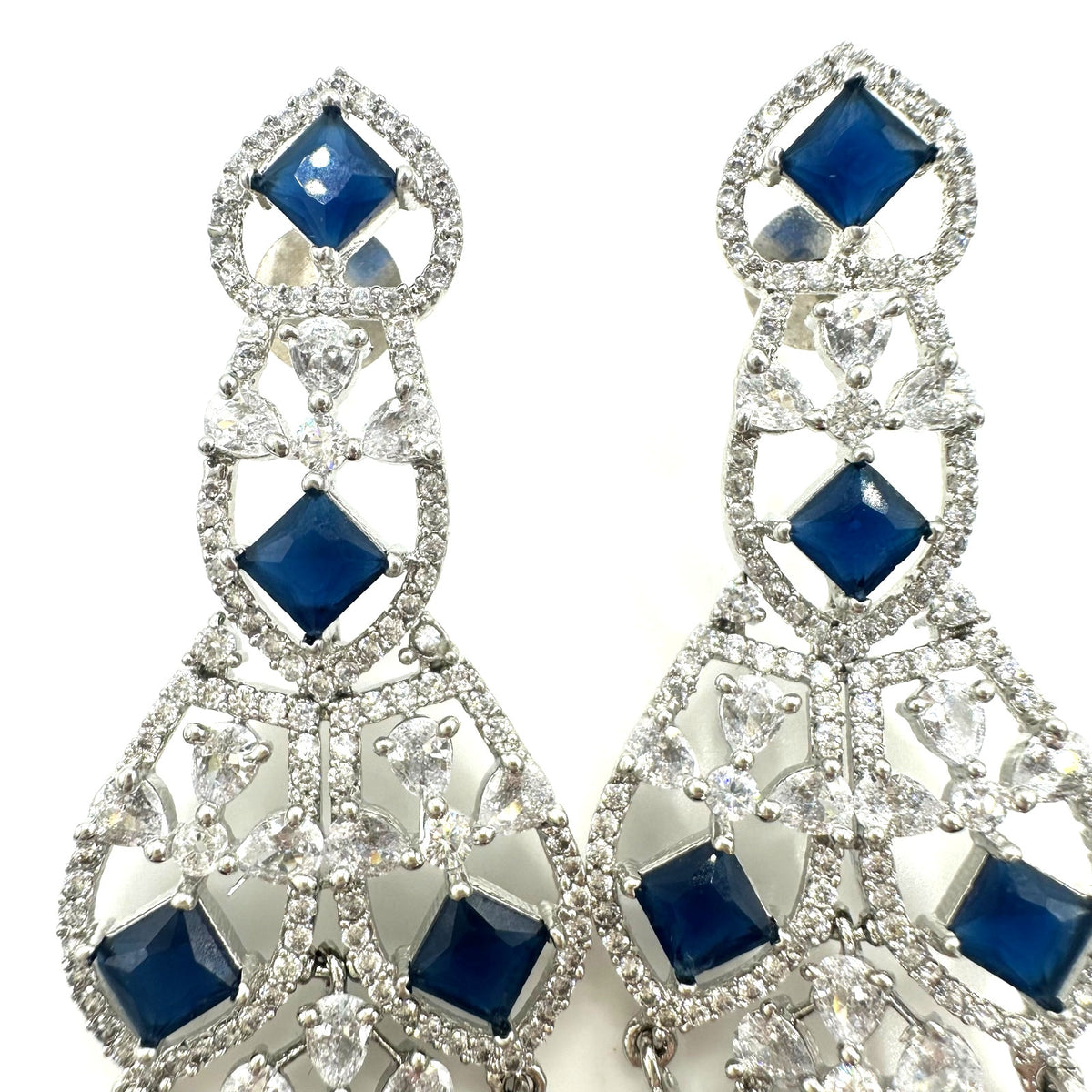 Silver tone blue faux sapphire clear cubic zirconia CZ drop post earrings