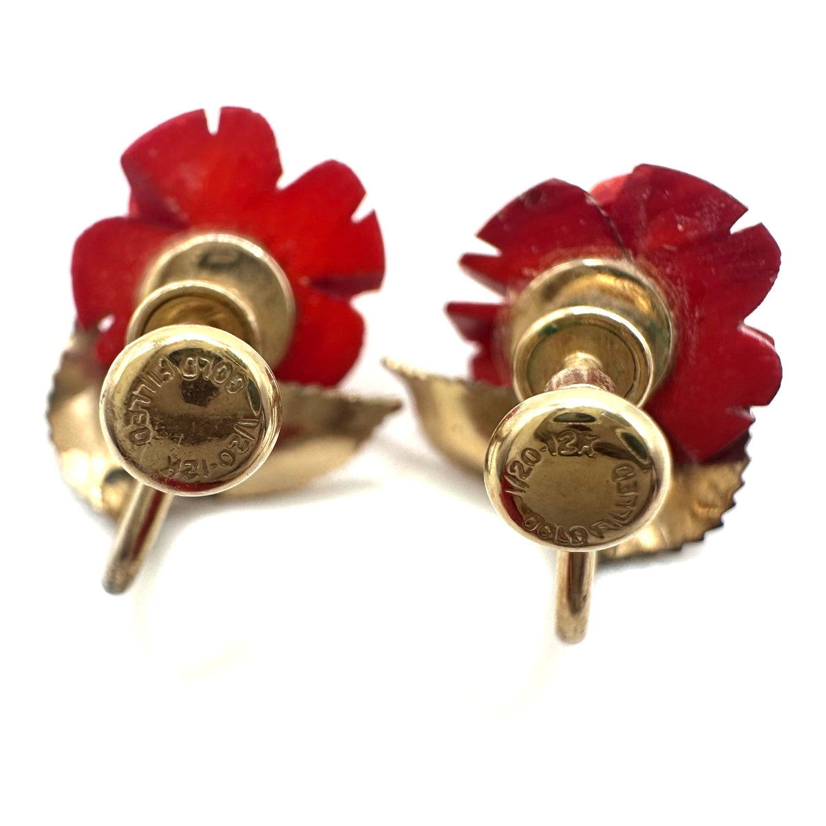 Vintage 12kt gold filled red celluloid roses necklace screw back earrings set